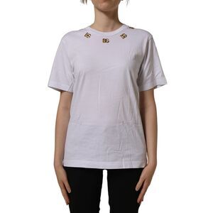 Dolce & Gabbana White Cotton Gold DG Logo Crew Neck Women's T-shirt